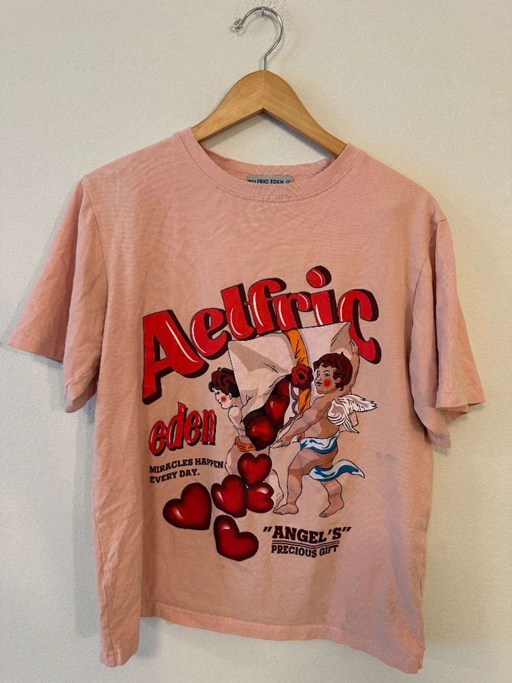 Elfric Eden Cherub Angel Graphic T-Shirt Pink Men's Small